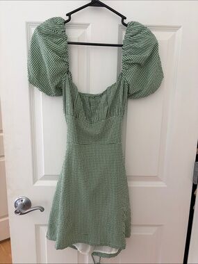 OAK + FORT Green Gingham Puff-Sleeve Mini Dress